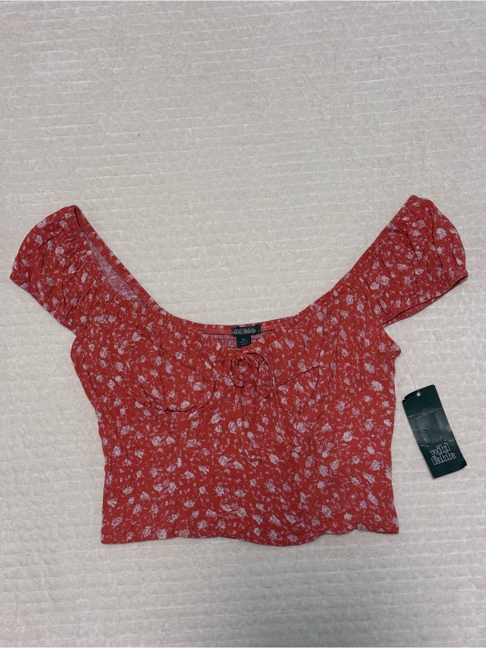 wild fable Red Floral Off-Shoulder Tie-Front Crop Top